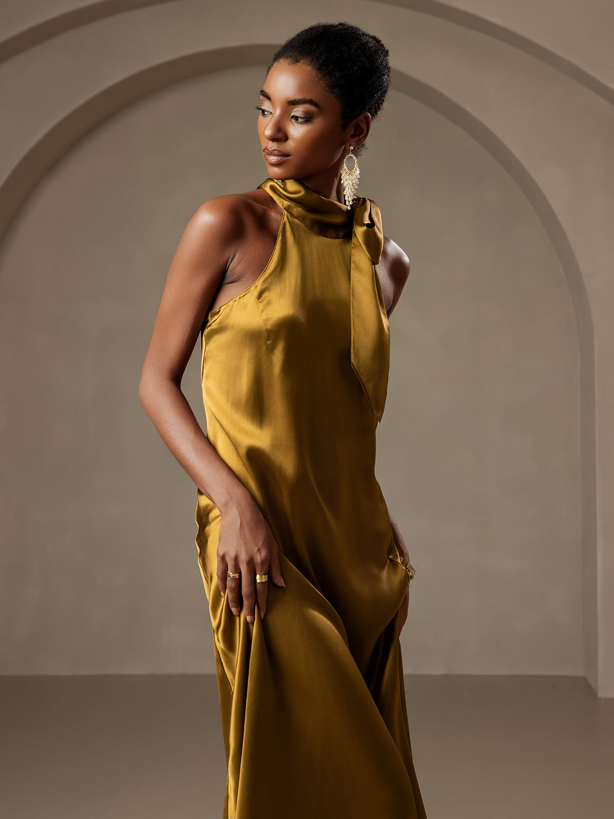 [Bruin] SilkSilky-NL 19Momme Mouwloos Jurk 007