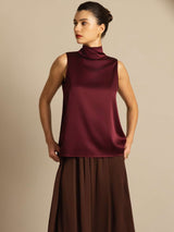 [Donkerrood] SilkSilky-NL 19Momme Mouwloos Strikhals Blouse 008