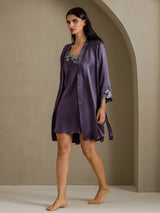 [Paars Grijs] SilkSilky-NL 3/4 Sleeve V Neck Nachthemd&Kamerjas Set 003
