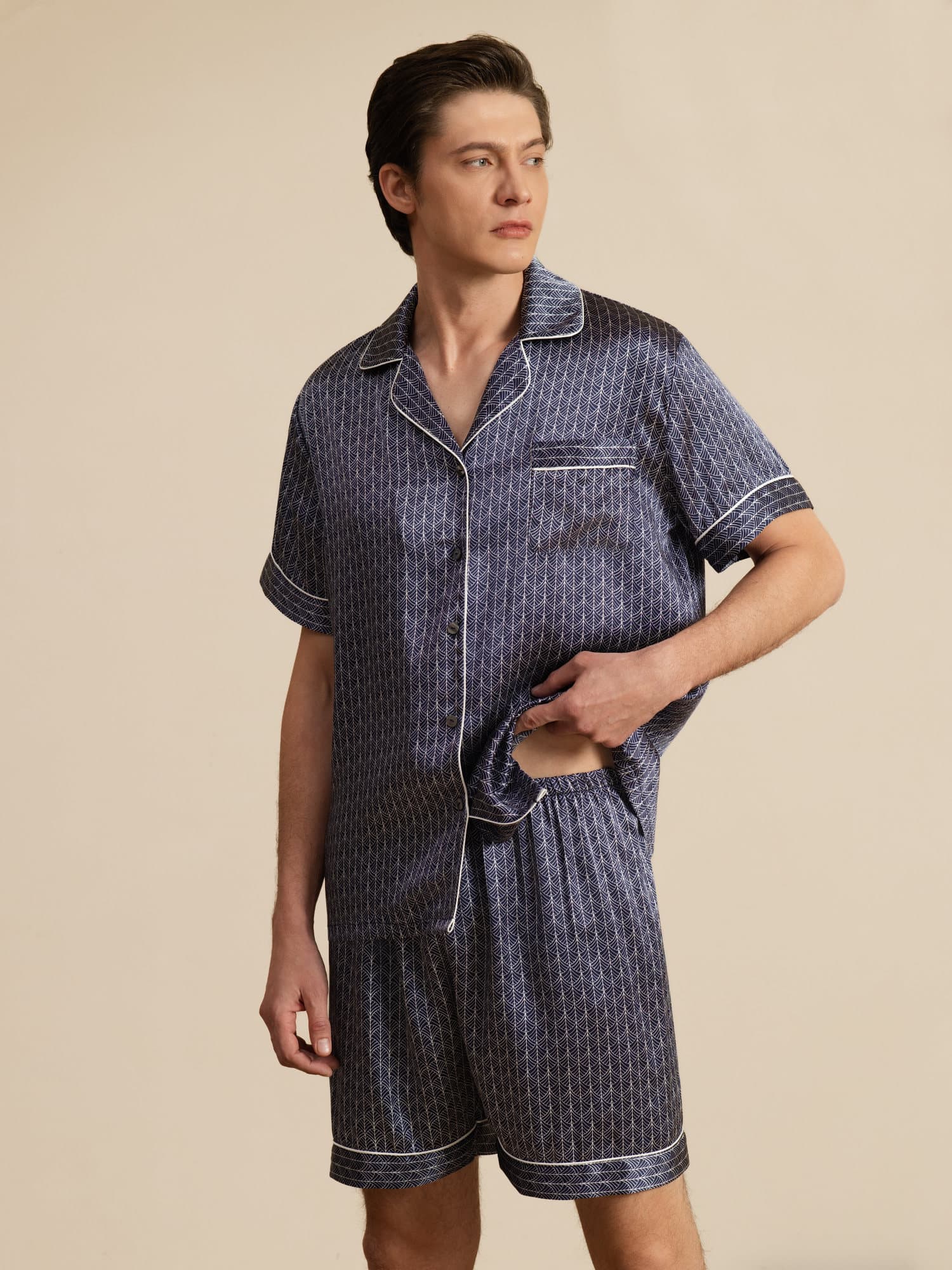 [Marine Ginkgo] SilkSilky-NL Korte Mouw Notchkraag Heren Pyjama Set 005