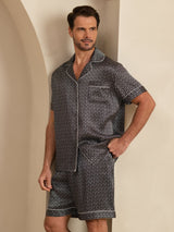 [Zwarte Ginkgo] SilkSilky-NL Short Sleeve Lapel Collar Heren Pyjama Set 001