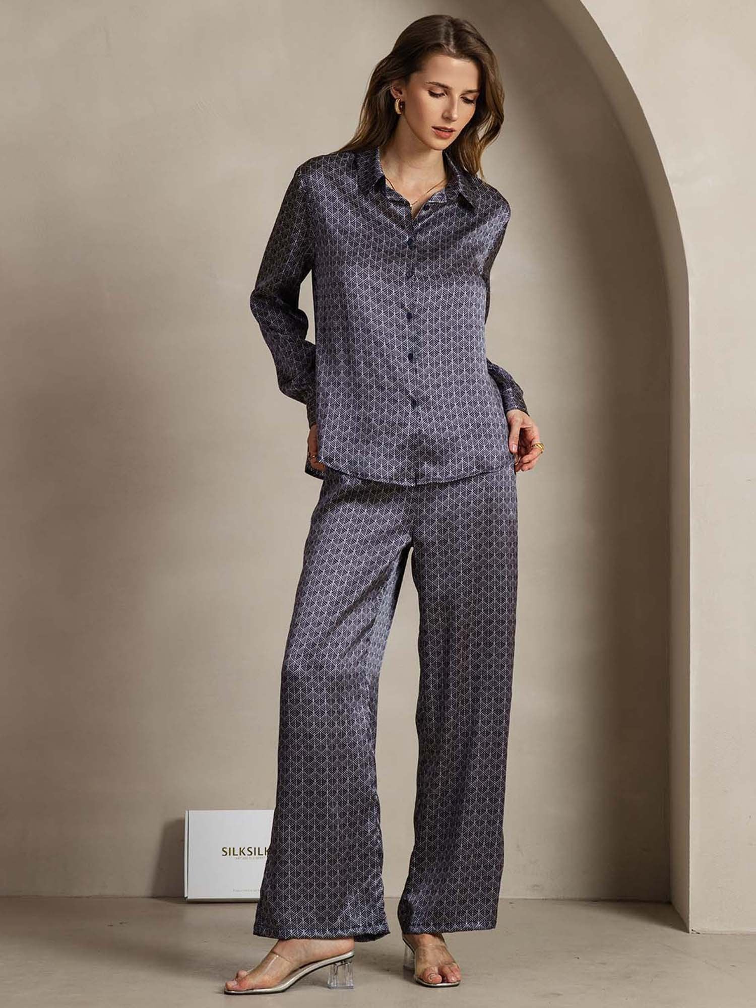 [MarineGinkgo] SilkSilky-NL 19Momme Zijde Kraag Women''s Outfit Sets 003