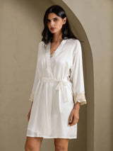 [Wit] SilkSilky-NL 3/4 Sleeve V Neck Nachthemd&Kamerjas Set 007