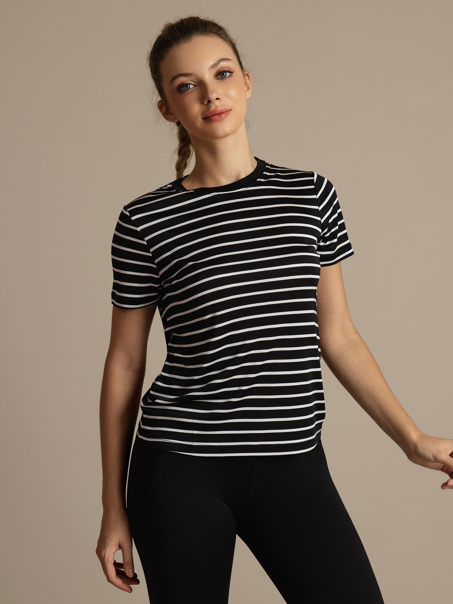 [Zwarte Streep] SilkSilky-NL Korte Mouw Crew Hals Dames T-Shirt 002
