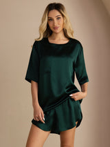 [Donkergroen] SilkSilky-NL Short Sleeve Split Dames Pyjama Set 001