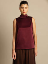 [Donkerrood] SilkSilky-NL 19Momme Mouwloos Strikhals Blouse 003