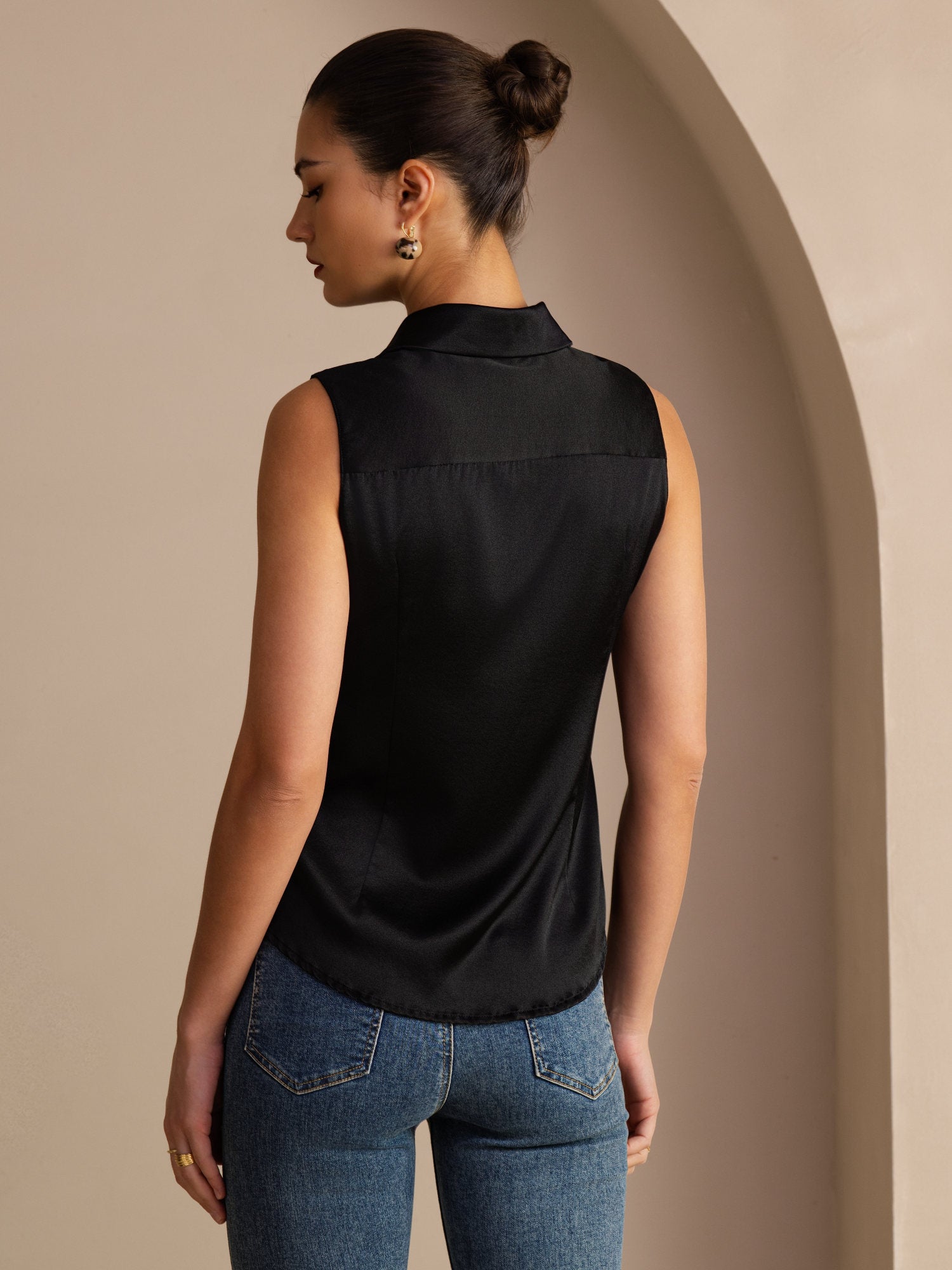 [Zwart] SilkSilky-NL Sleeveless Lapel Collar Dames Blouse 002
