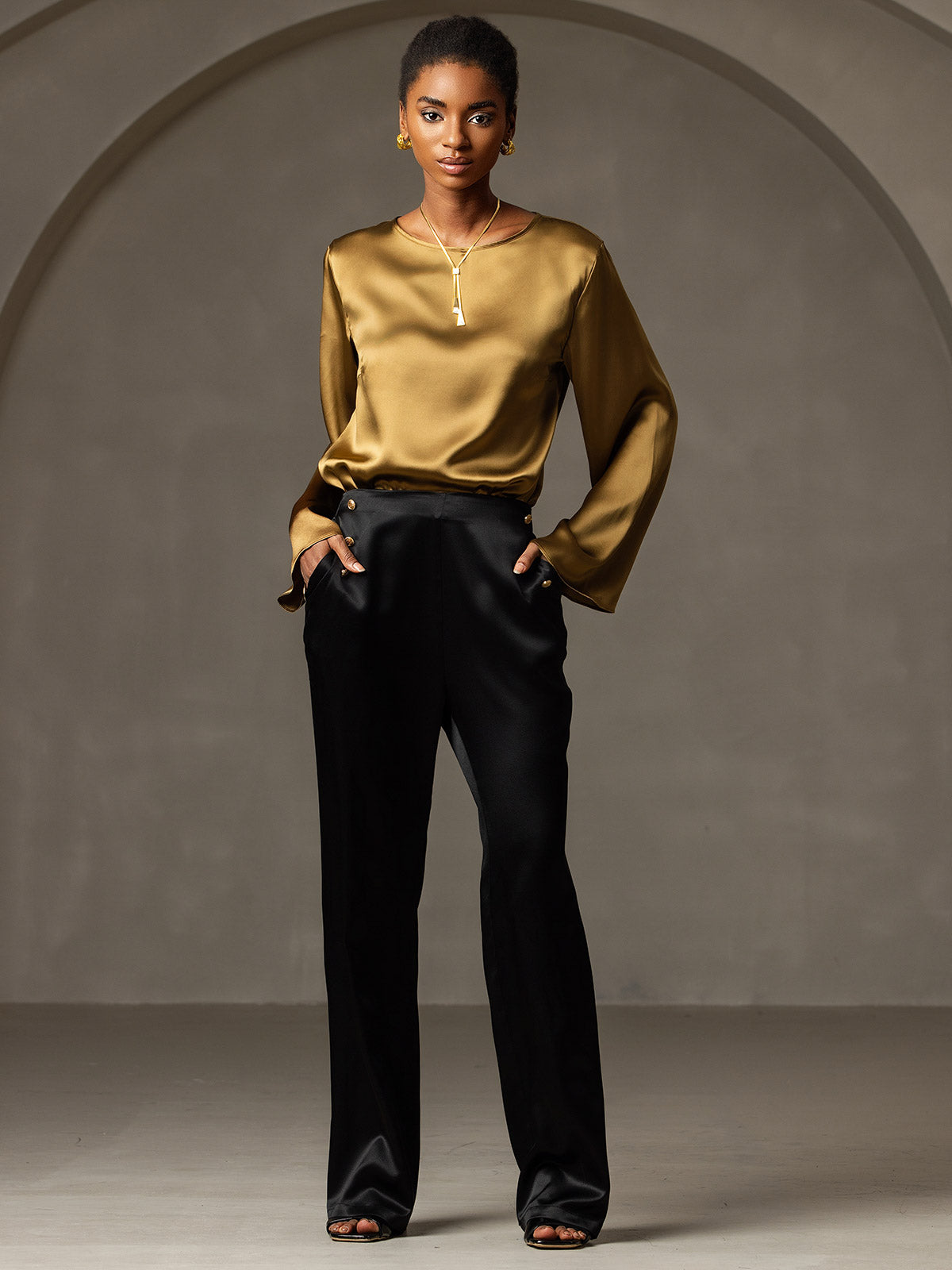 [Bruin] SilkSilky-NL 19Momme Lange Mouw Boat Hals Blouse 008