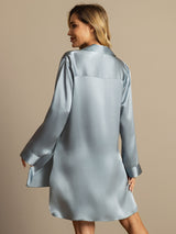 [Grijsachtig Blauw] SilkSilky-NL Lange Mouw Notchkraag Slaap Hemd 003