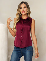[Donkerrood] SilkSilky-NL Sleeveless Lapel Collar Dames Blouse 001