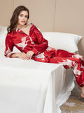 SilkSilky NL 19Momme Pure Silk Lange Mouw Revers Dames Pyjama Set Donkerrood 007