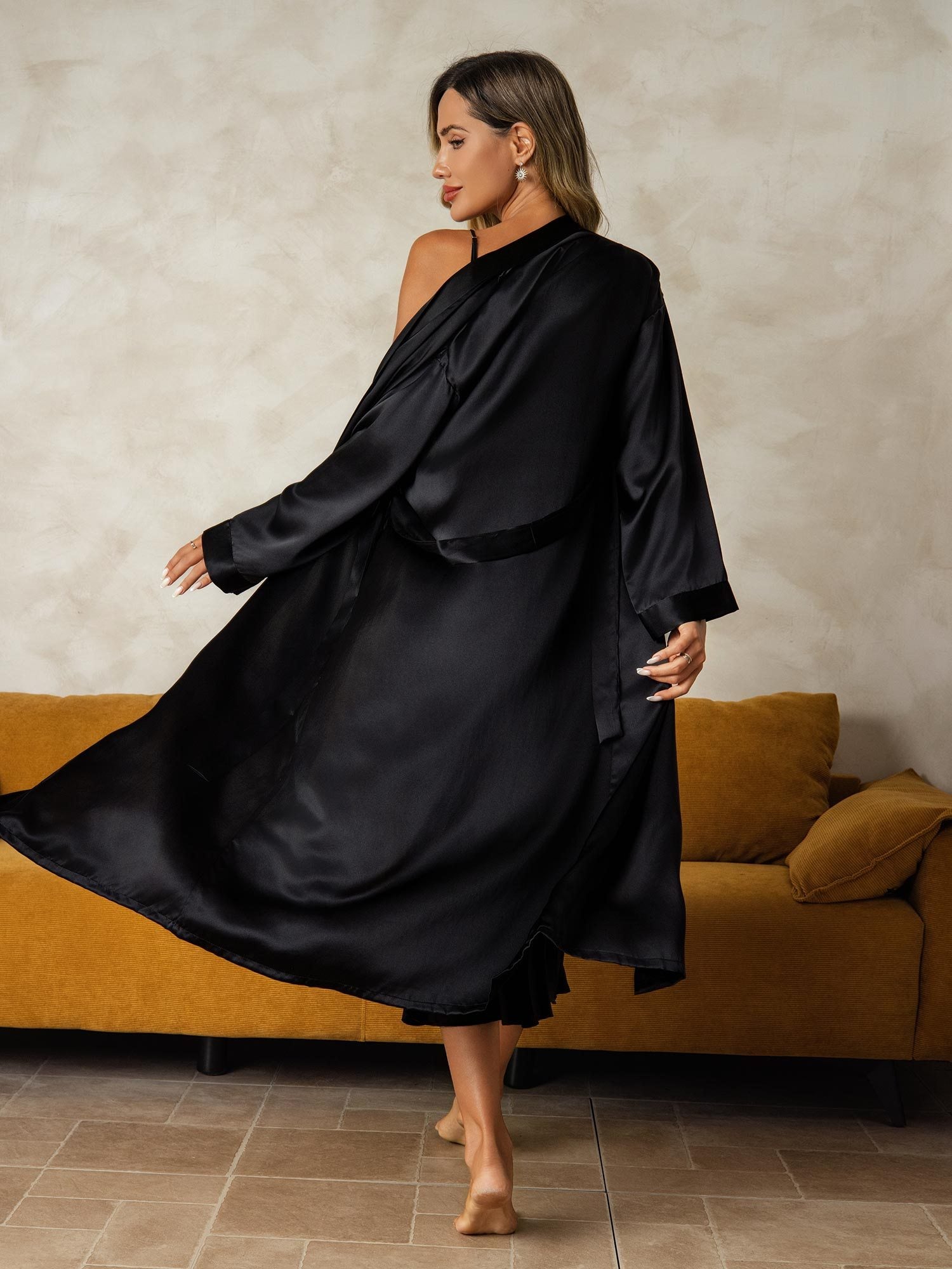 [Zwart] SilkSilky-NL Zijde Nightgown&Robe Set 002