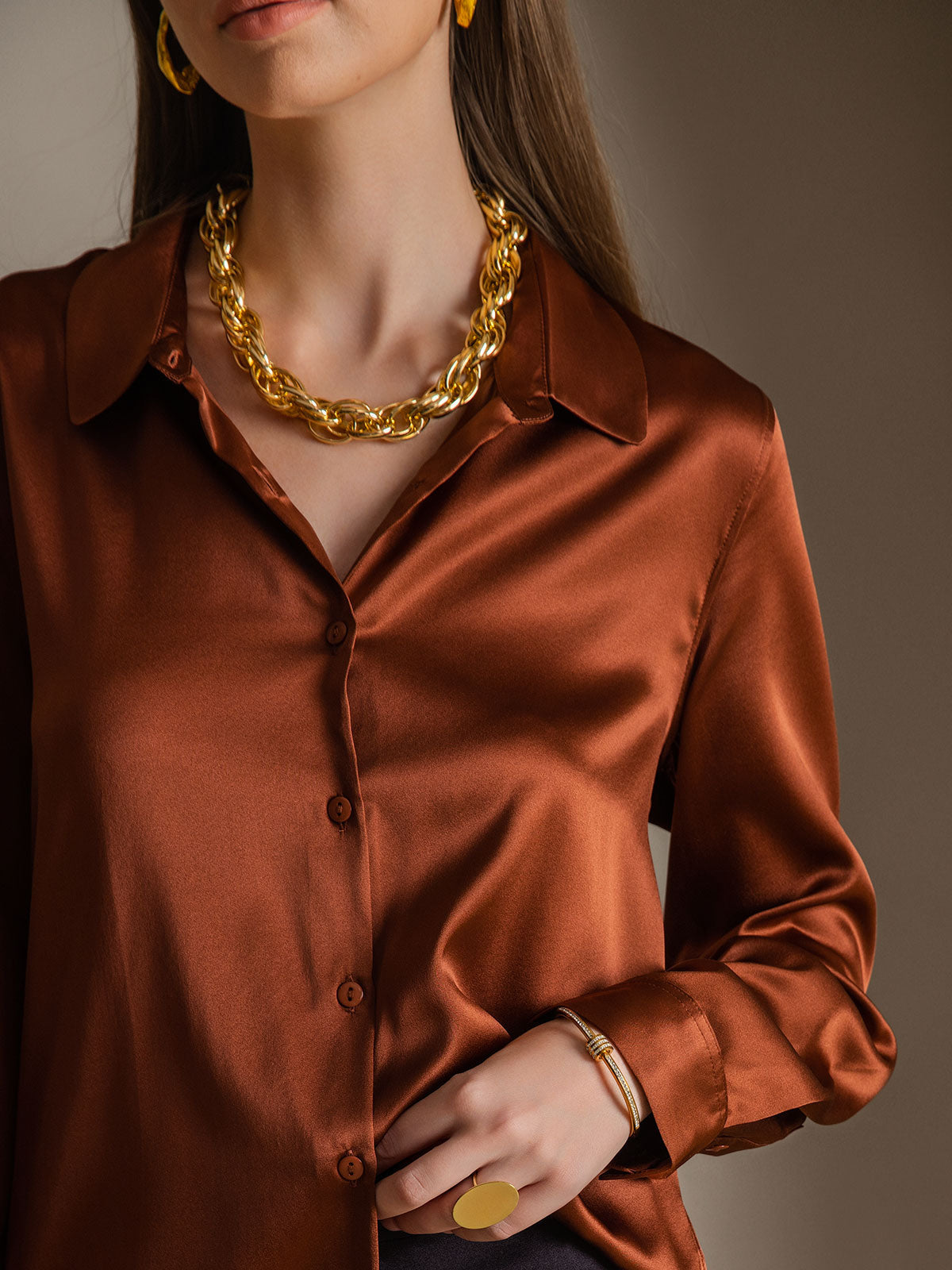 [Koffie] SilkSilky-NL Zijde Kraag Dames Blouse 006