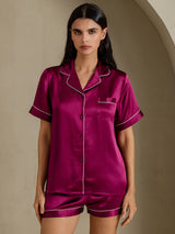 [Fuchsiaroze] SilkSilky-NL Short Sleeve Lapel Collar Dames Pyjama Set 003