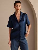 [Donkerblauw] SilkSilky-NL Short Sleeve Lapel Collar Dames Blouse 001