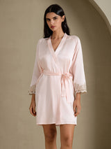 [Roze] SilkSilky-NL 3/4 Sleeve V Neck Nachthemd&Kamerjas Set 008