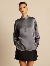 [Donkergrijs] SilkSilky-NL 19Momme Lange Mouw Staande Kraag Blouse 004
