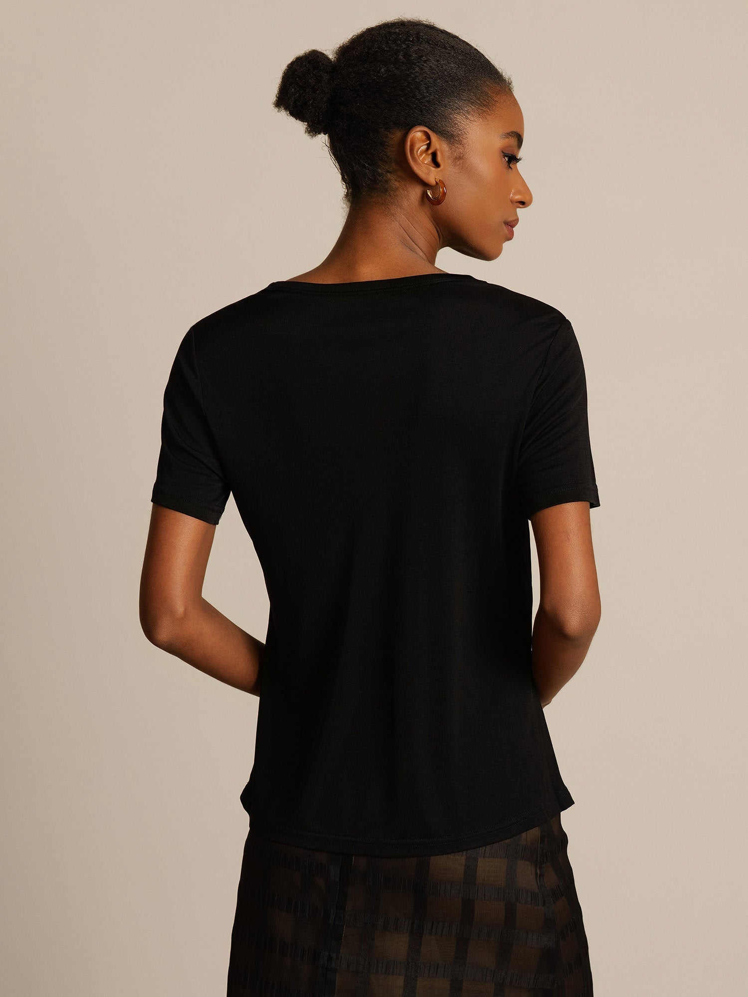 [Zwart] SilkSilky-NL Zijde Gebreid Ronde Hals Dames T-Shirt 002