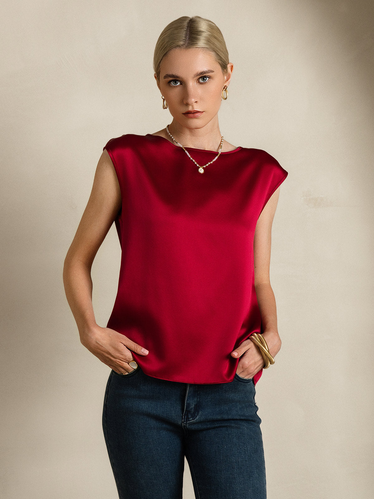 [Wijn] SilkSilky-NL 19Momme Zijde Ronde Hals Dames T-Shirt 006