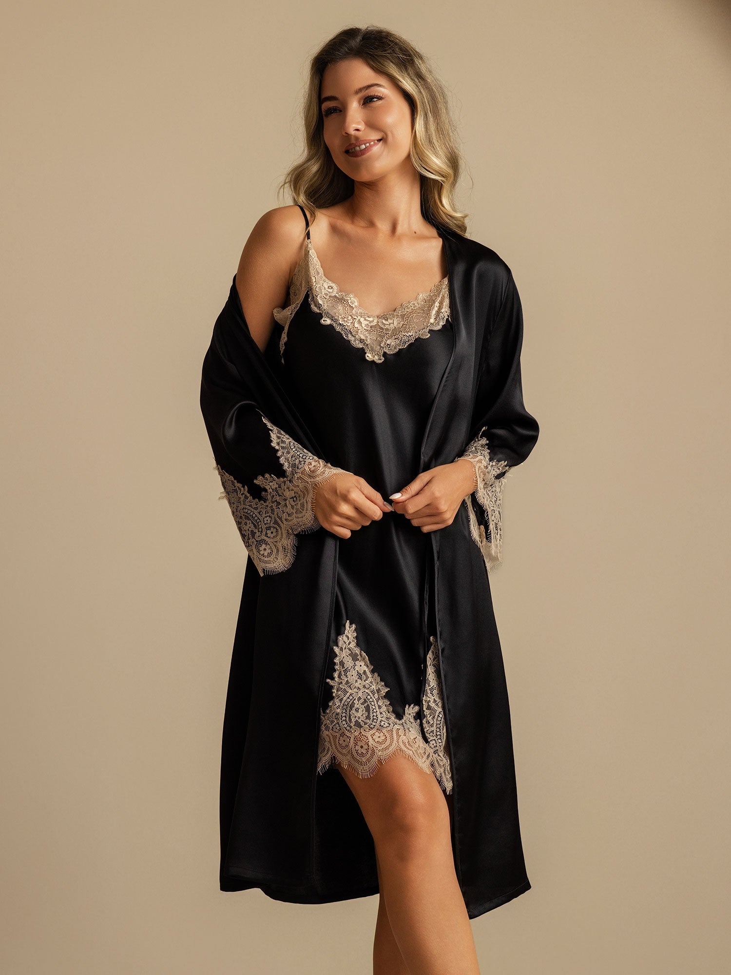 [Zwart] SilkSilky-NL Nightgown&Robe Set 006,