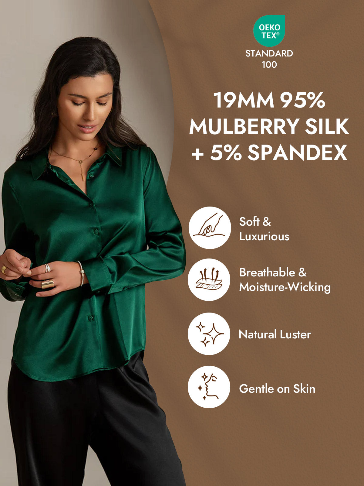 [Donkergroen] SilkSilky-NL Zijde Lange Mouw Kraag Dames Blouse 004