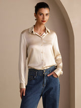 [Rijstbeige] SilkSilky-NL Long Sleeve Lapel Collar Dames Blouse 005