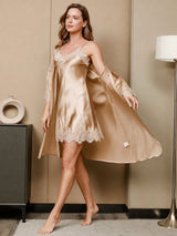 [Champagne] SilkSilky-NL 3/4 Sleeve V Neck Nachthemd&Kamerjas Set 001