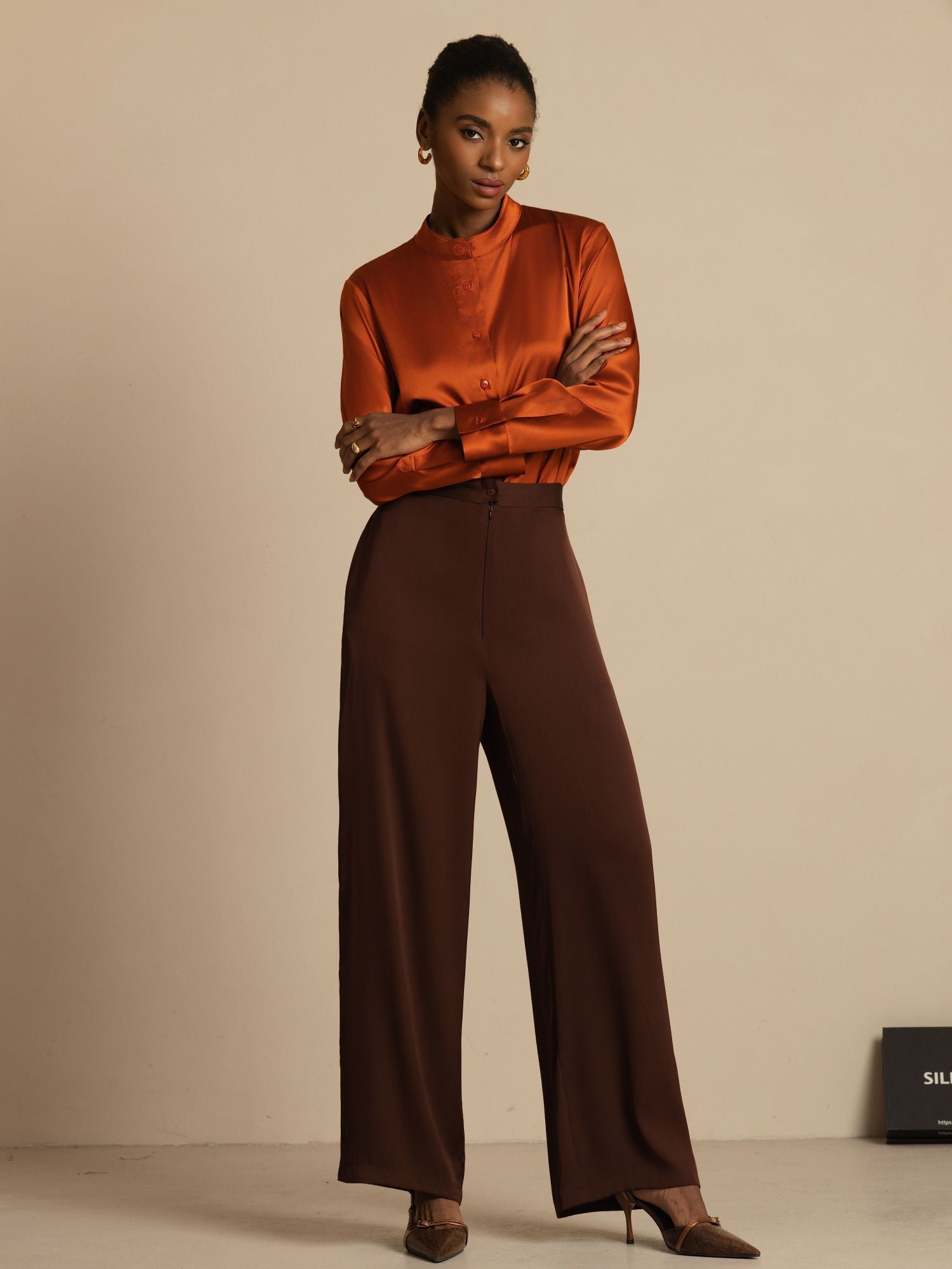 [Karamel] SilkSilky-NL 19Momme Lange Mouw Staande Kraag Blouse 008