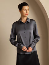 [Donkergrijs] SilkSilky-NL 19Momme Lange Mouw Reverskraag Dames Blouse 007