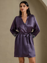 [Paars Grijs] SilkSilky-NL 3/4 Sleeve V Neck Nachthemd&Kamerjas Set 007