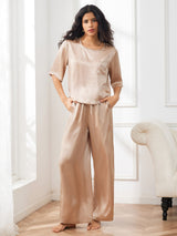 [Champagne] SilkSilky-NL Halve Mouw Ronde Hals Dames Pyjama Set 003