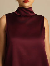 [Donkerrood] SilkSilky-NL 19Momme Mouwloos Strikhals Blouse 005