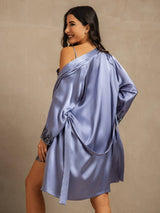 [Staal Blauw] SilkSilky-NL 3/4 Sleeve V Neck Nachthemd&Kamerjas Set 002