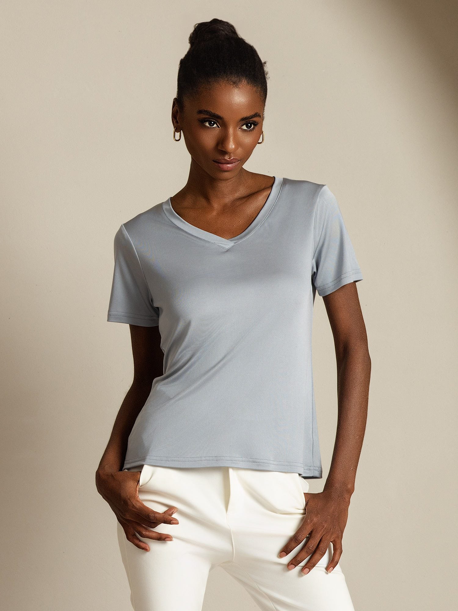 [Lichtgrijs] SilkSilky-NL Zijde Womens T-Shirt 001