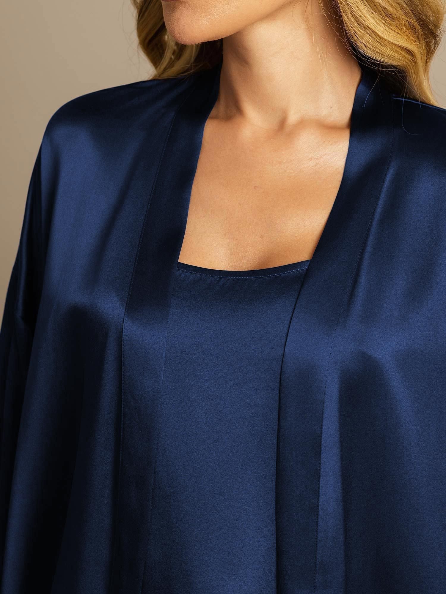 [Donkerblauw] SilkSilky-NL Zijde Nightgown&Robe Set 004,