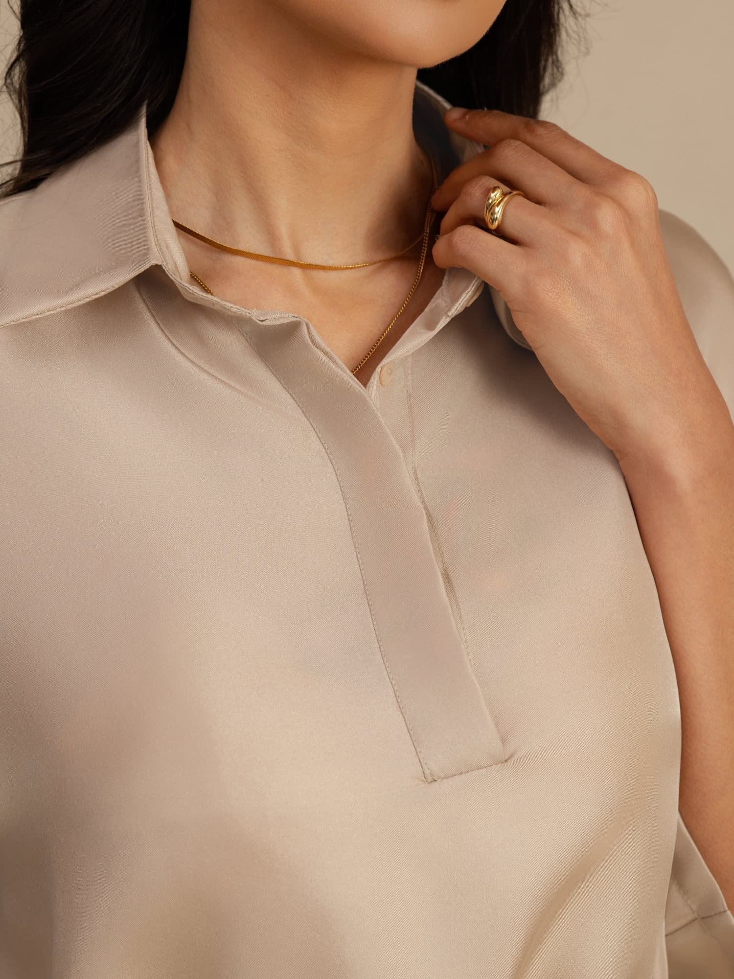 [Tan] SilkSilky-NL 18Momme Halve Mouw Reverskraag Blouse 004