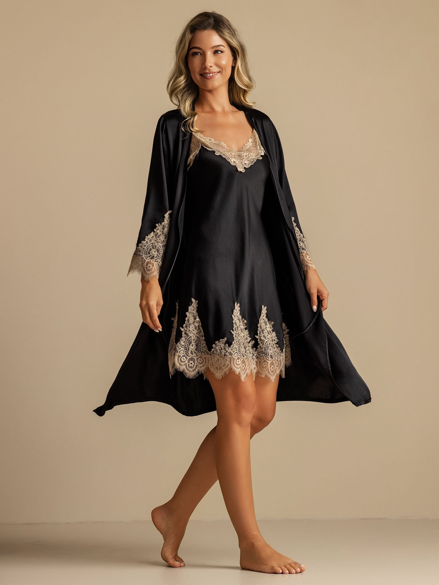 [Zwart] SilkSilky-NL Nightgown&Robe Set 001,
