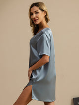 [Grijsachtig Blauw] SilkSilky-NL Halve Mouw V Hals Nachthemd 004