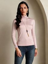 [Koraalroze] SilkSilky-NL Lange Mouw Coltrui Hals Dames T-Shirt 001
