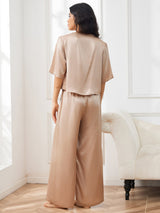 [Champagne] SilkSilky-NL Halve Mouw Ronde Hals Dames Pyjama Set 005