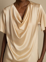 [Champagne] SilkSilky-NL 19Momme Korte Mouw Waterval Hals Blouse 004
