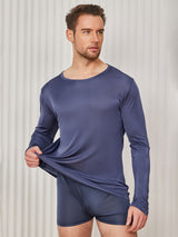 [Donkerblauw] SilkSilky-NL Lange Mouw Ronde Hals Heren T-Shirt 001