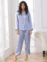 [Staal Blauw] SilkSilky-NL Long Sleeve Lapel Collar Dames Pyjama Set 005