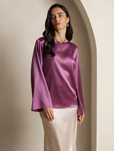[Donkerpaars] SilkSilky-NL Long Sleeve Boat Neck Blouse 005