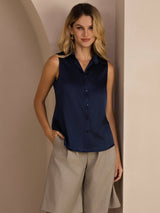 [Donkerblauw] SilkSilky-NL Sleeveless Lapel Collar Dames Blouse 001
