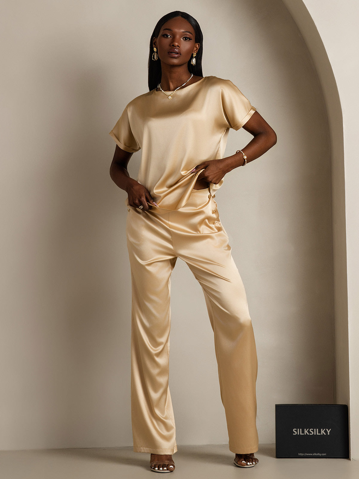 [Champagne] SilkSilky-NL 19Momme Zijde Ronde Hals Dames T-Shirt 006,