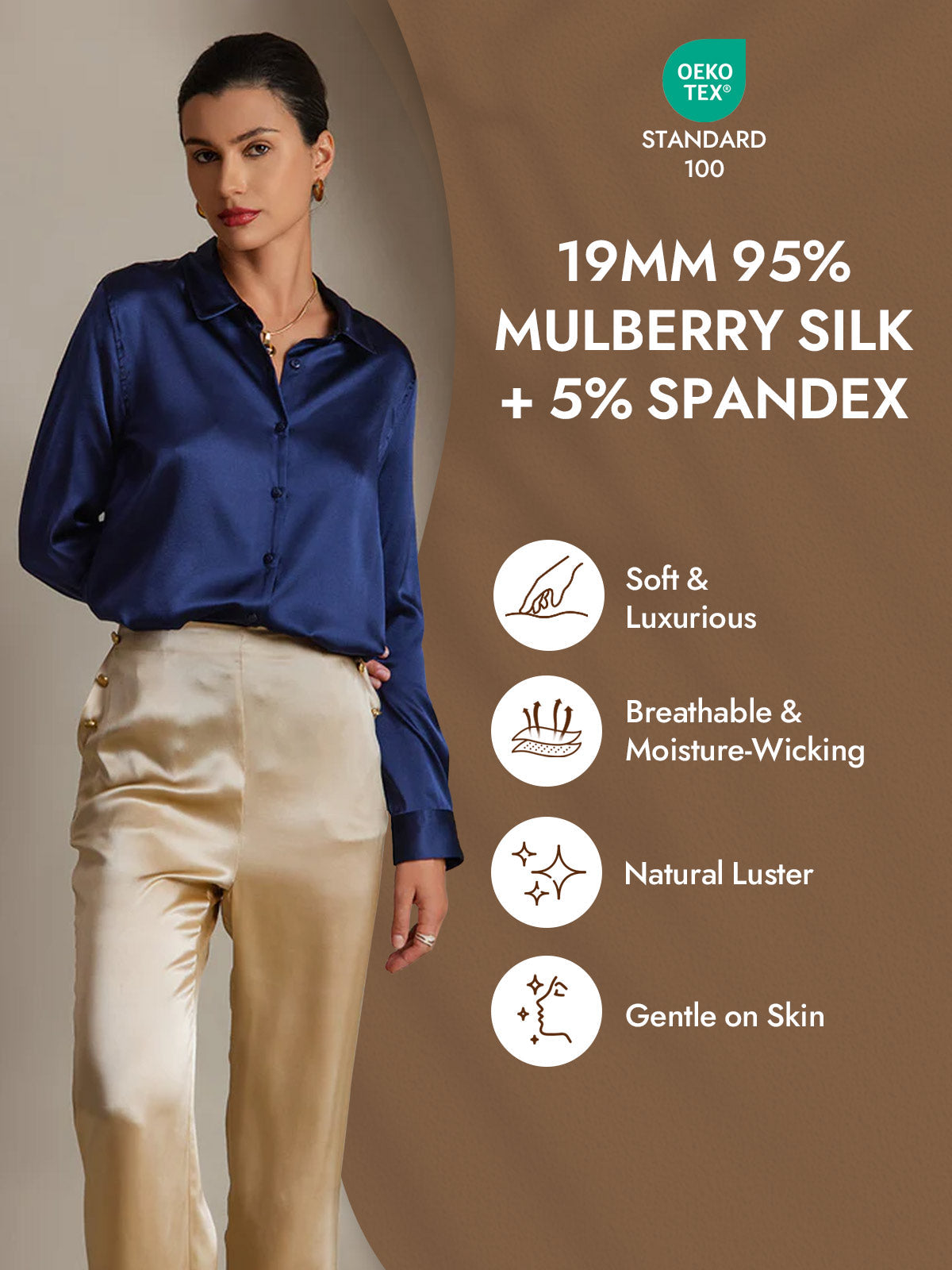 [Donkerblauw] SilkSilky-NL Zijde Lange Mouw Kraag Dames Blouse 004