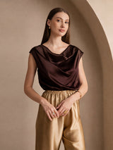 [Pure Chocolade] SilkSilky-NL Cap Sleeve Cowl Neck Dames T-Shirt 003