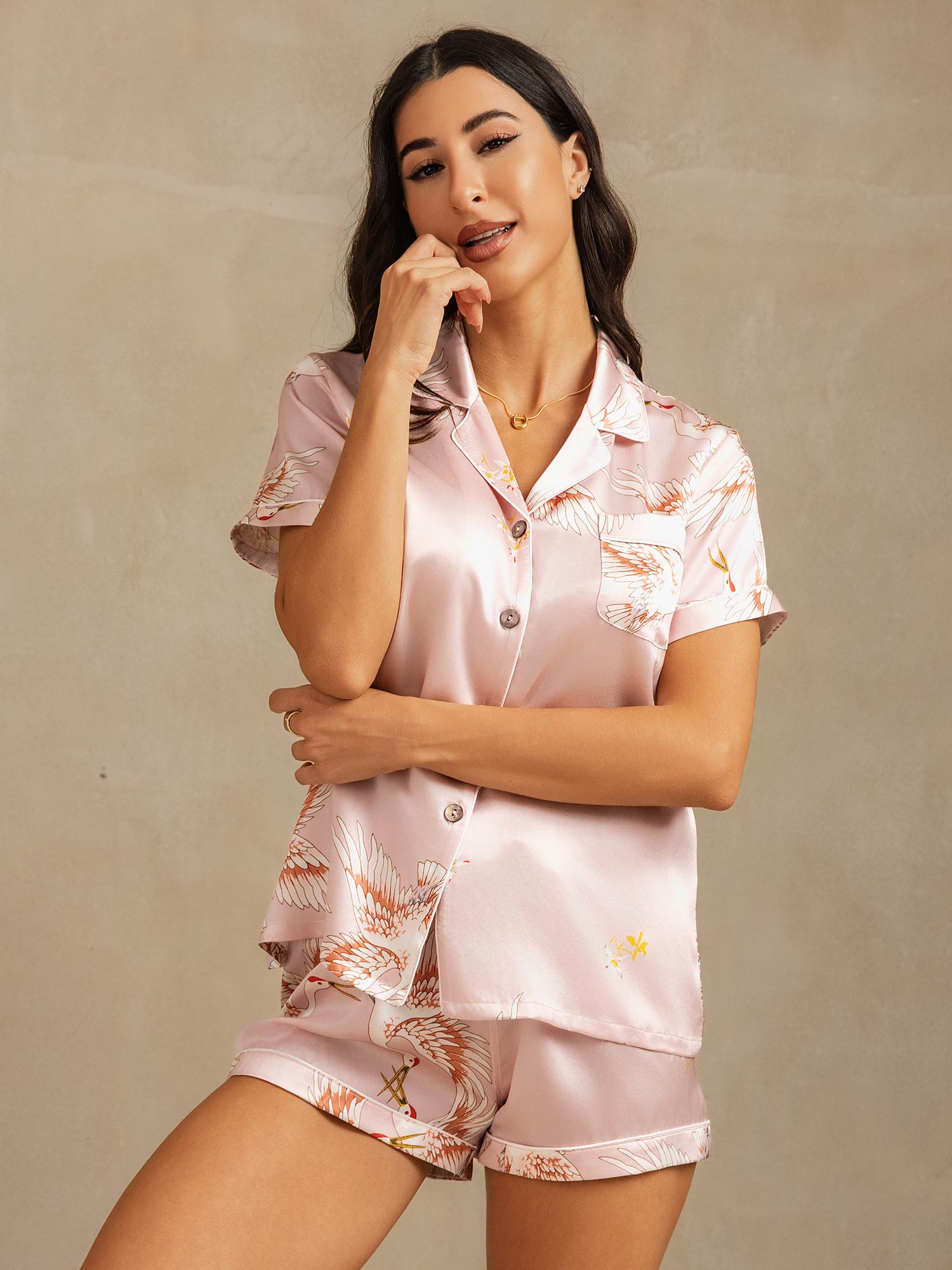 [Roze] SilkSilky-NL 19Momme Korte Mouw Notchkraag Dames Pyjama Set 003