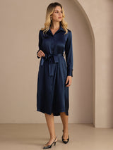 [Donkerblauw] SilkSilky-NL Long Sleeve Lapel Collar Jurk 007